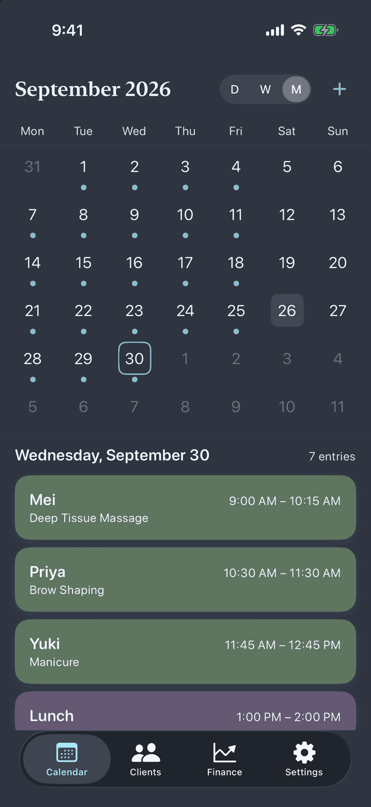 Month view of Pocket Client Book in the dark theme with the selected day's appointments below the grid