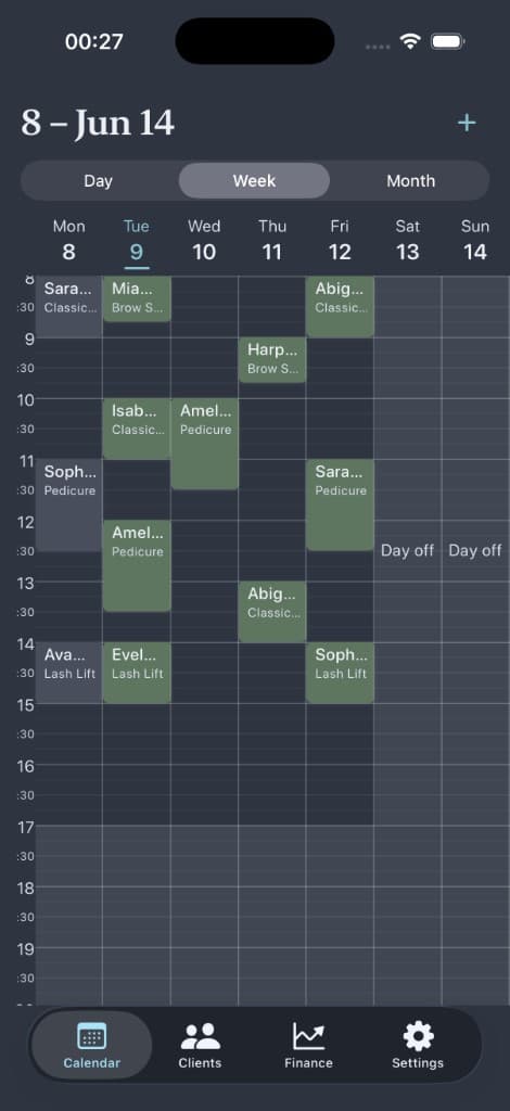 Pocket Client Book: Diary — offline client scheduling, week calendar on iPhone for solo service professionals