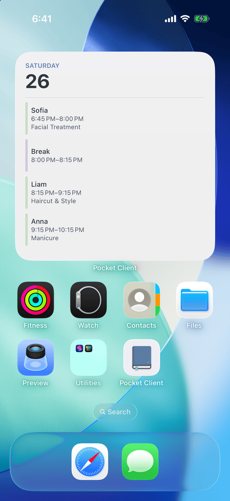 Pocket Client Book widget on the iPhone Home Screen with the day's client appointments and personal events