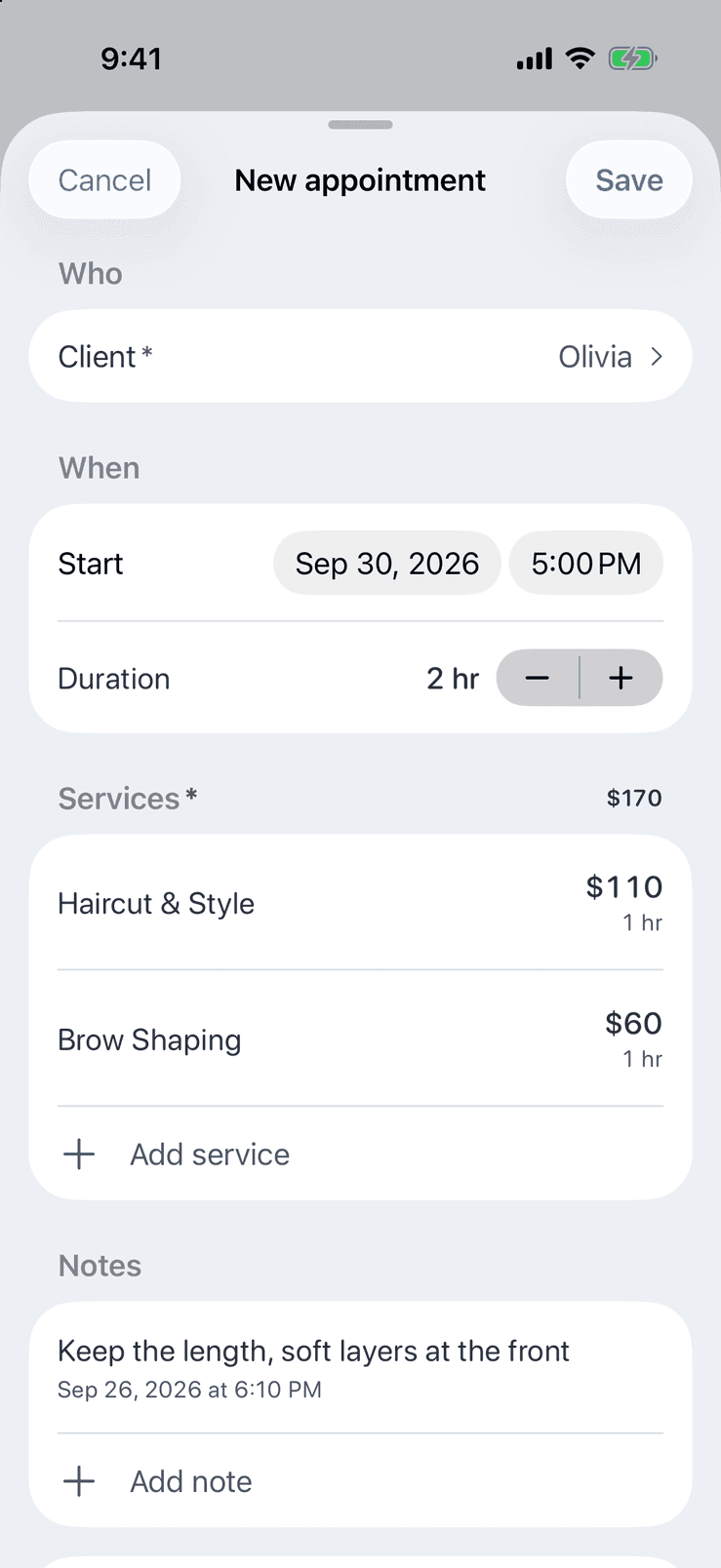 New appointment form in Pocket Client Book: one client, two services with price and duration, and a visit note