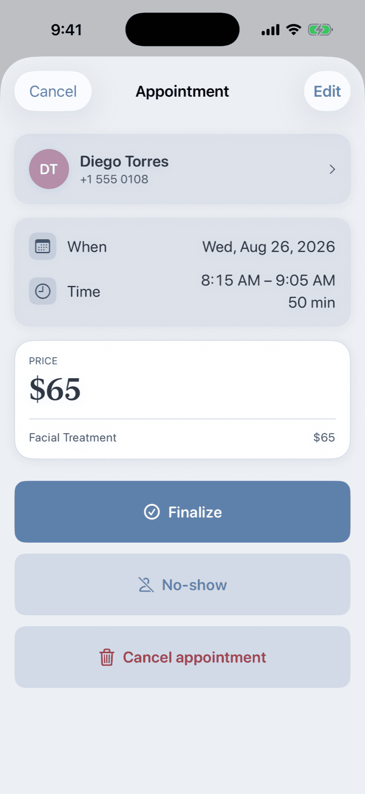 Appointment details in Pocket Client Book with client, time, price breakdown and finalise actions
