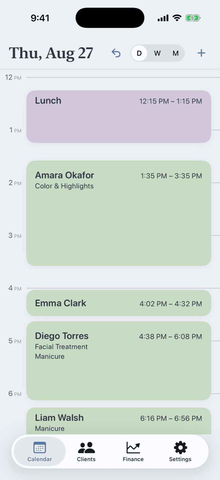 Day view in Pocket Client Book on iPhone: upcoming client appointments with name, service and time, plus a personal lunch block
