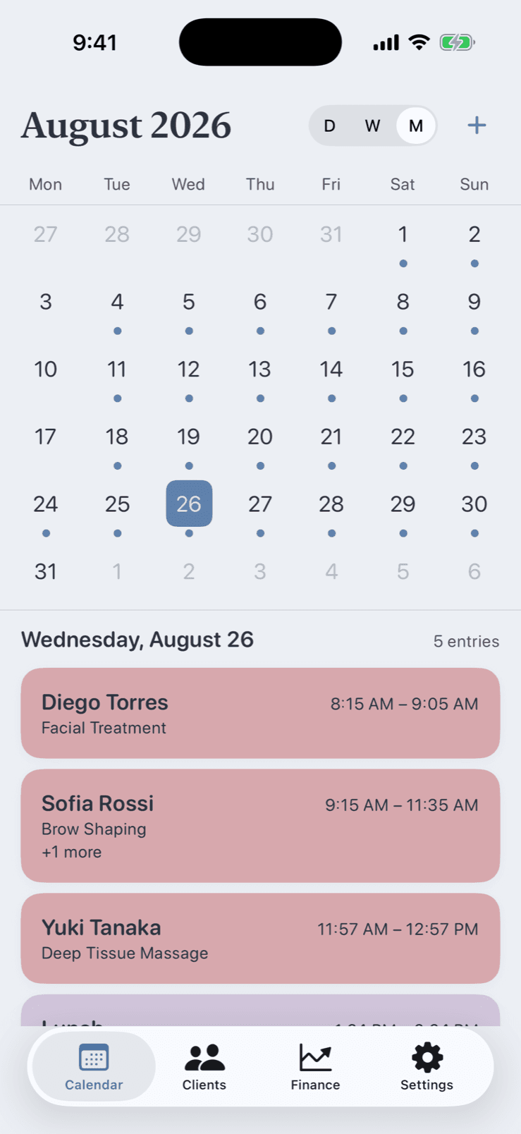 Month view in Pocket Client Book with a list of the selected day's appointments below the grid