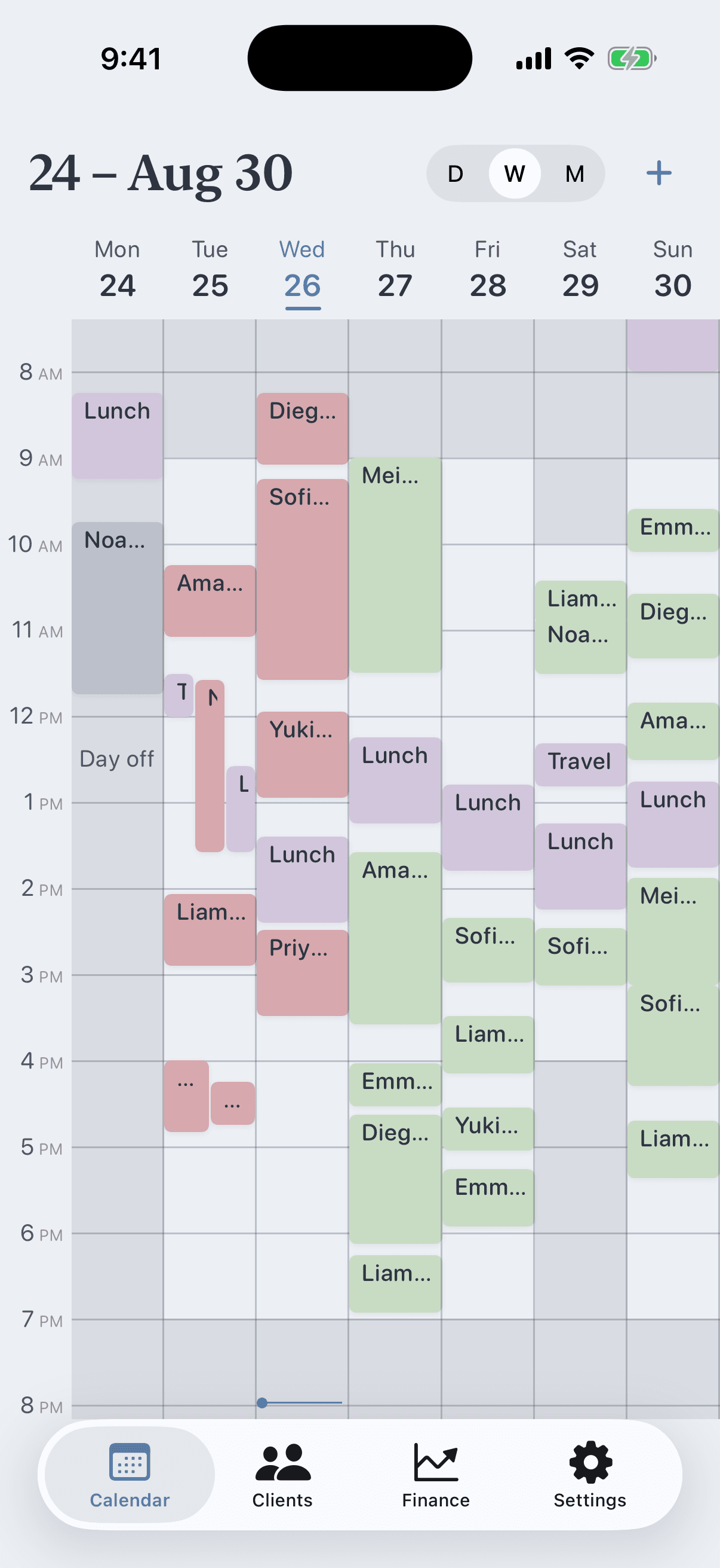 Pocket Client Book week calendar with day, week and month views and drag to reschedule