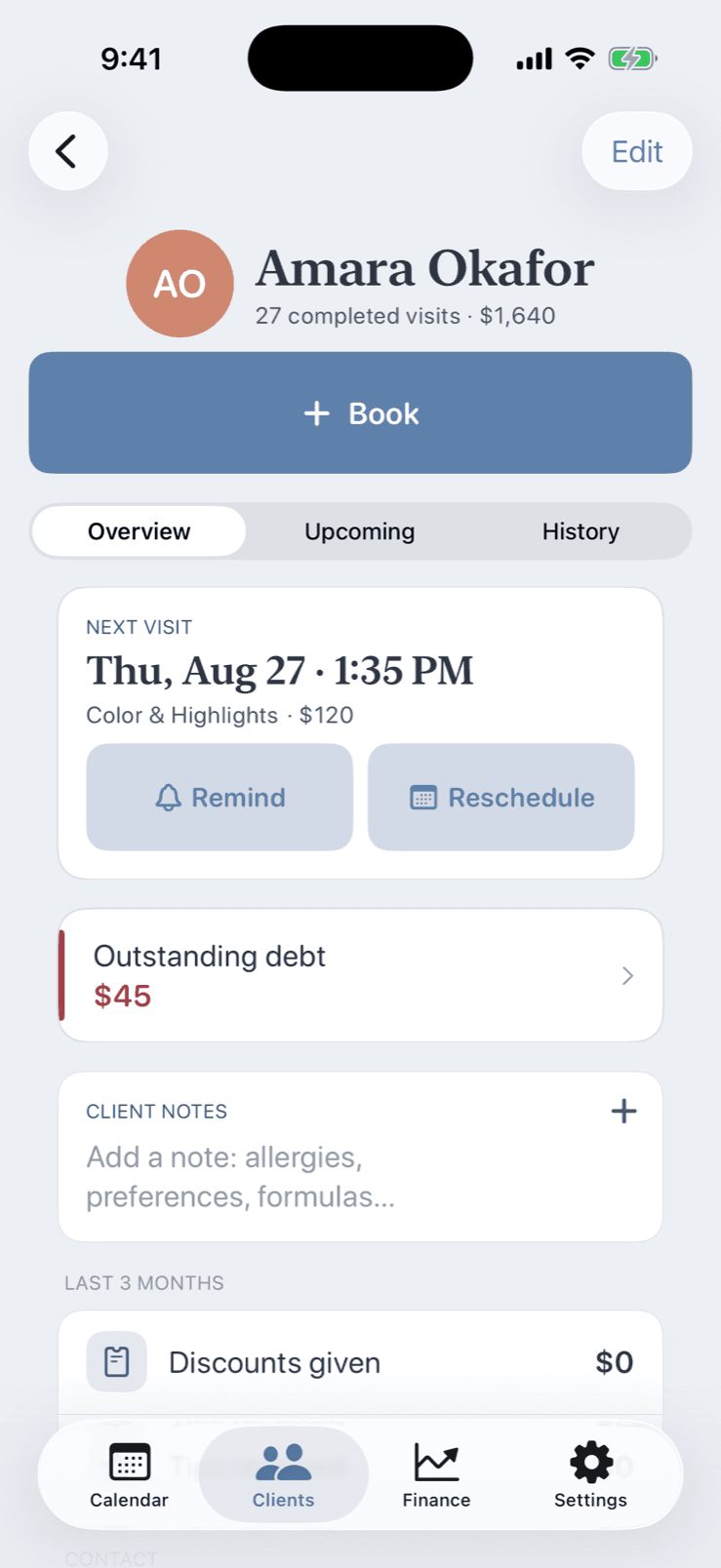 Pocket Client Book client profile with visit history, notes and outstanding balance