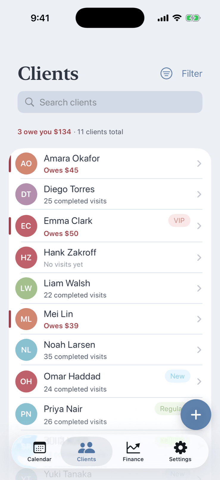 Client list in Pocket Client Book with search, colour tags and who still owes money