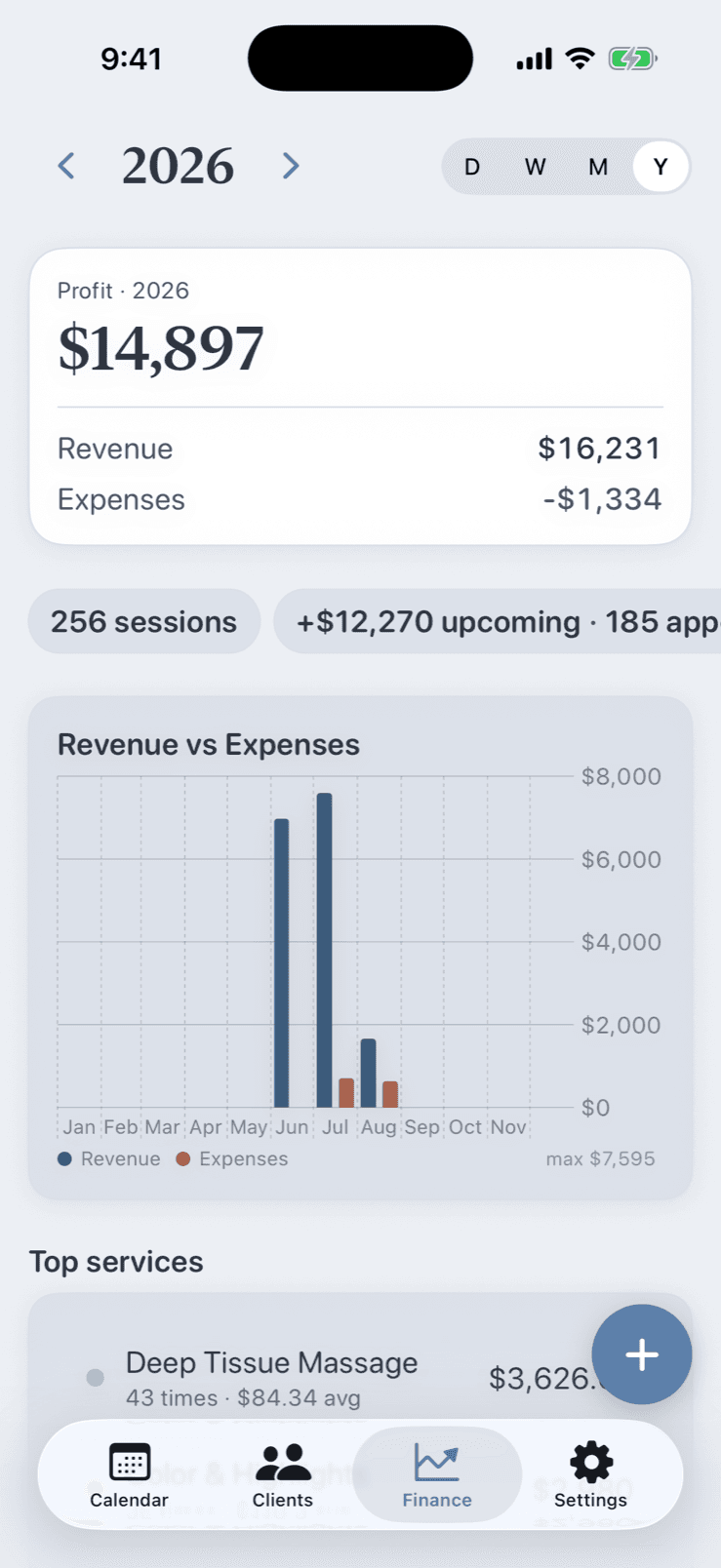 Pocket Client Book finance dashboard with revenue, expenses, profit and top services