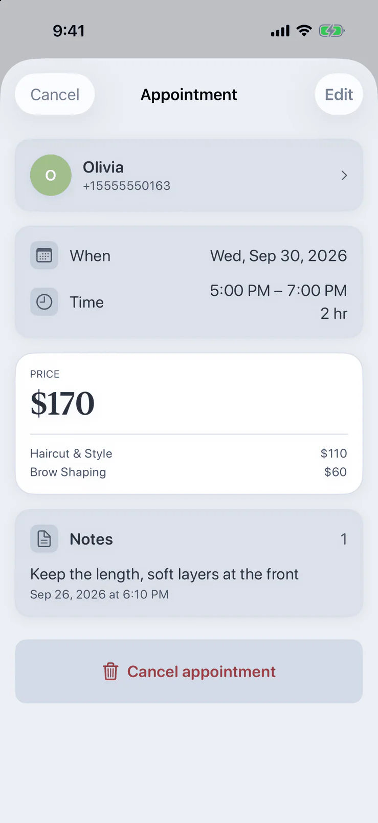 Appointment details in Pocket Client Book with client, date and time, a two-service price breakdown and a visit note