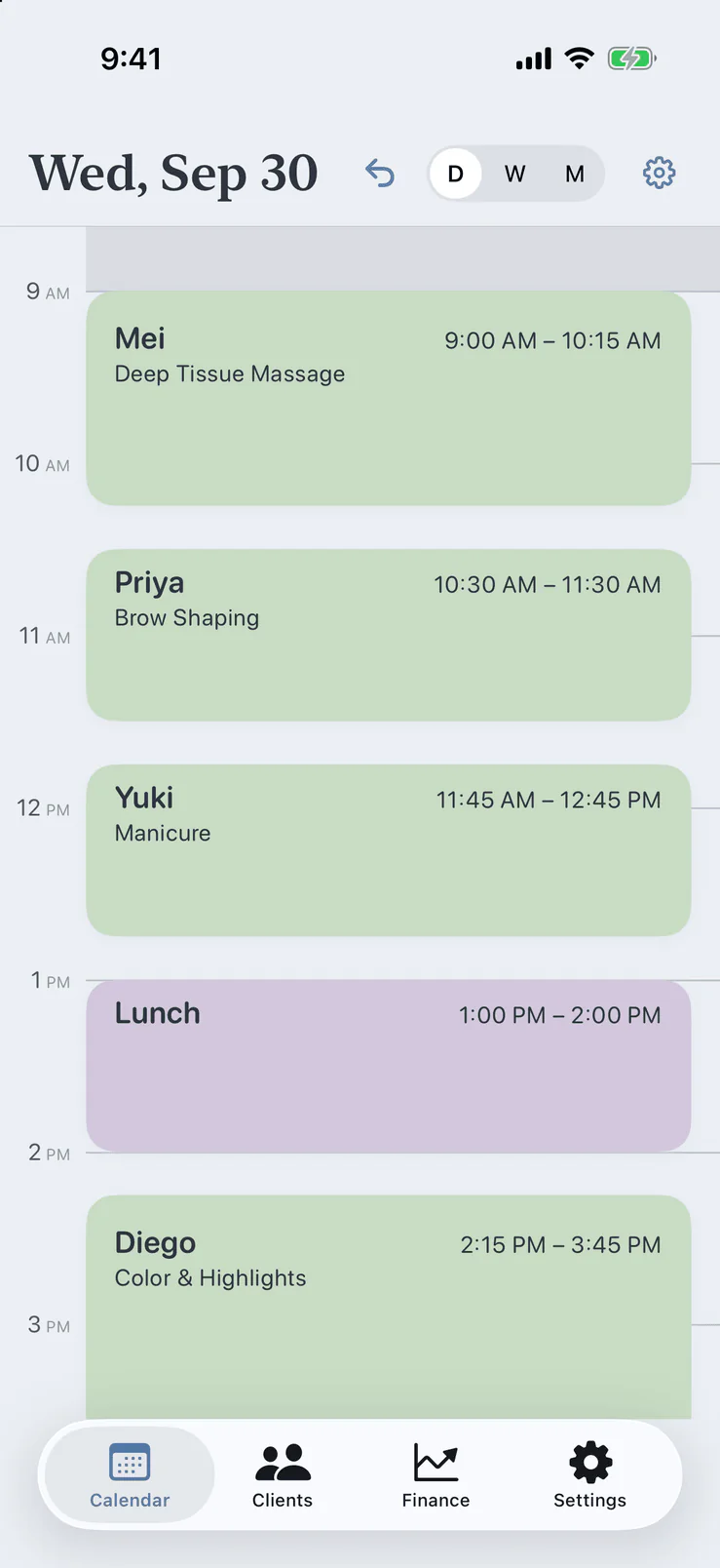 Day view in Pocket Client Book on iPhone: upcoming client appointments with name, service and time, plus a personal lunch block