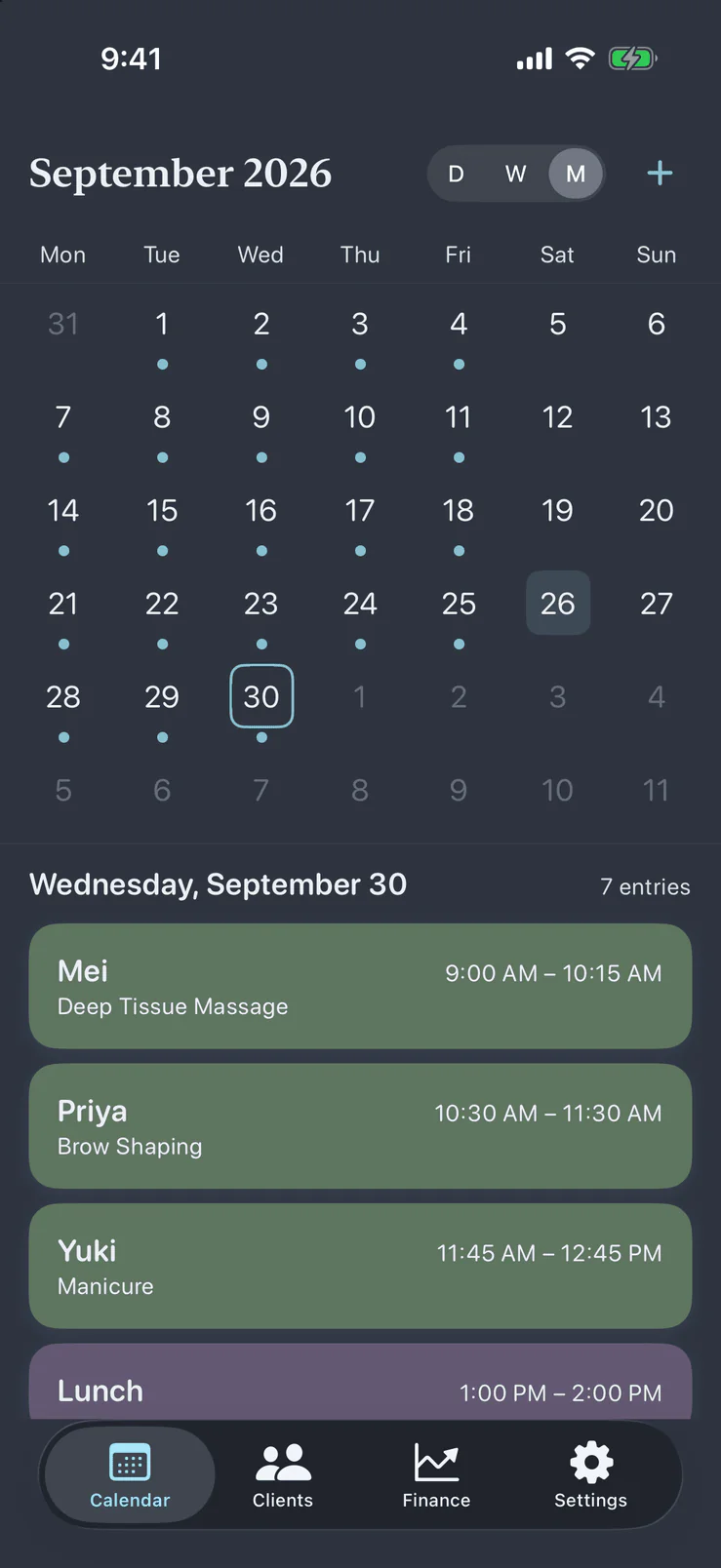 Month view of Pocket Client Book in the dark theme with the selected day's appointments below the grid