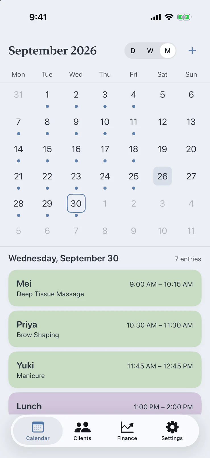 Month view in Pocket Client Book with a list of the selected day's appointments below the grid