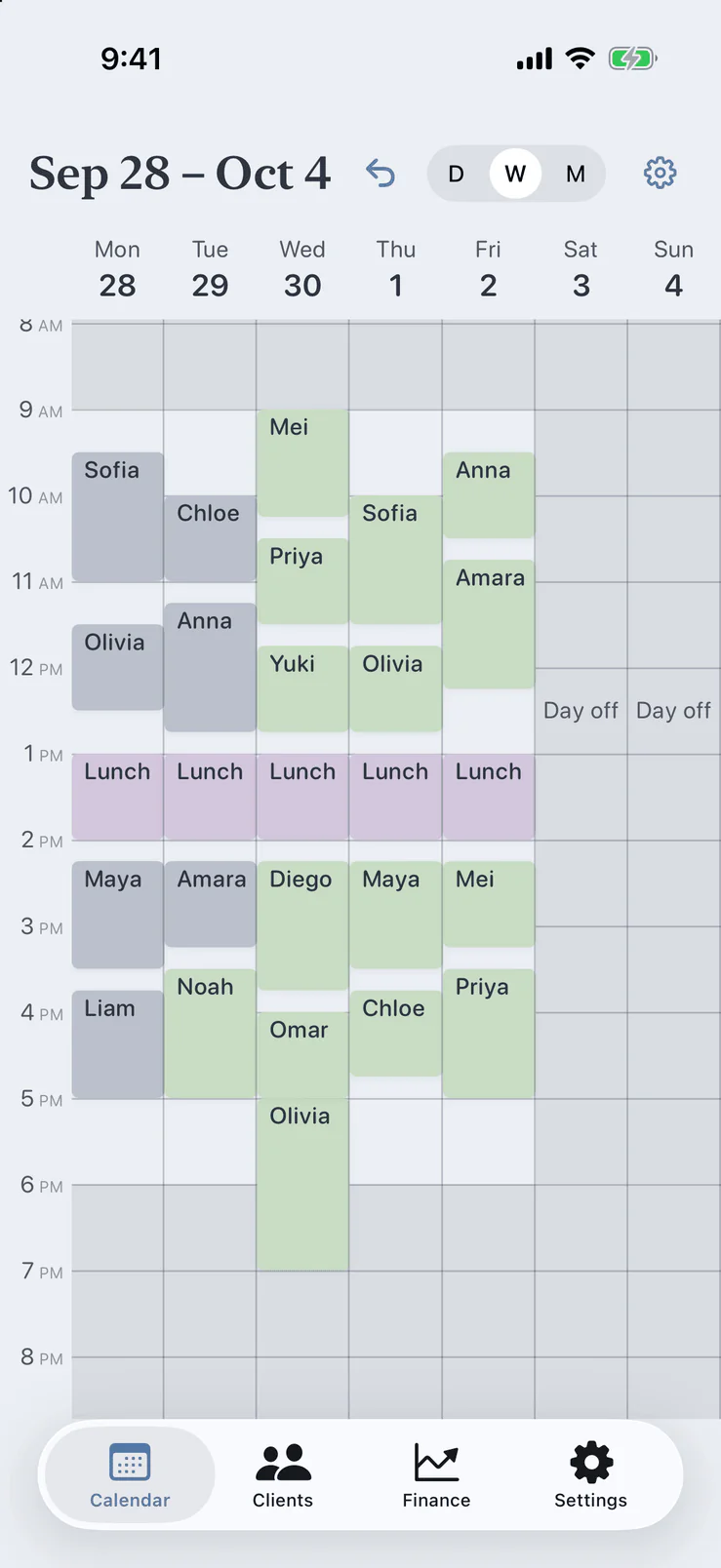 Pocket Client Book week calendar with day, week and month views and drag to reschedule