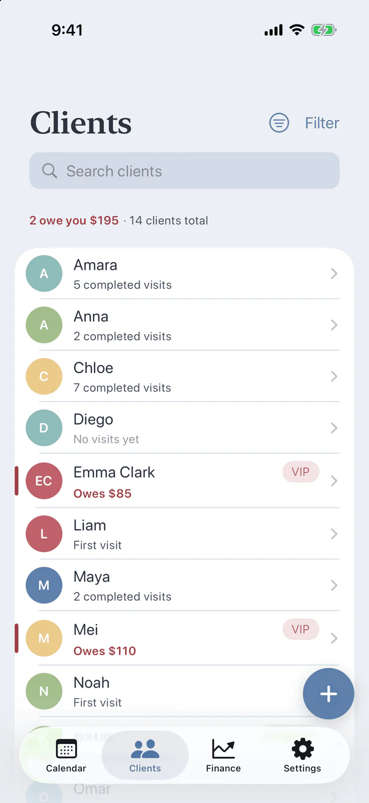 Client list in Pocket Client Book with search, colour tags and who still owes money
