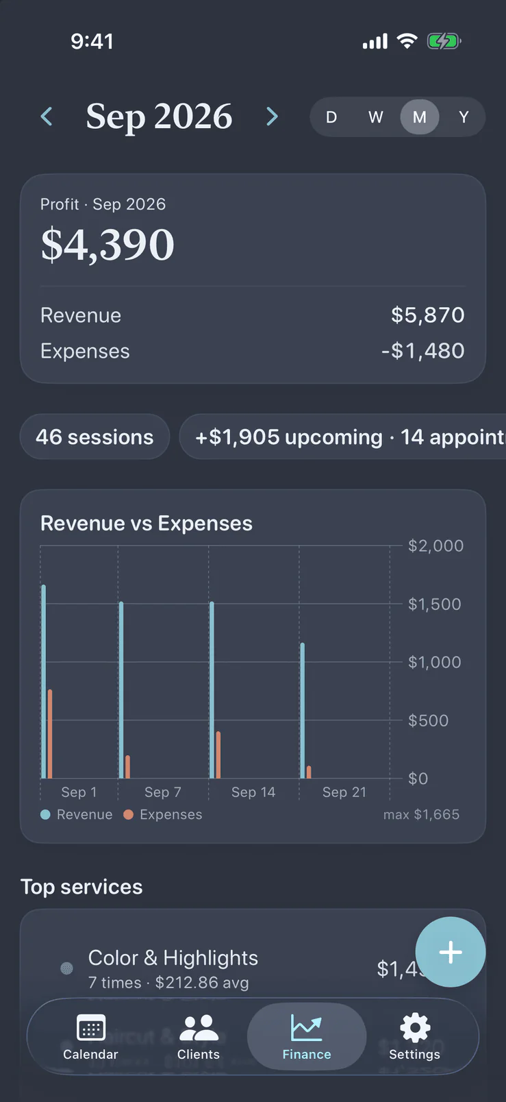 Pocket Client Book finance dashboard in the dark theme with profit, revenue, expenses and a chart