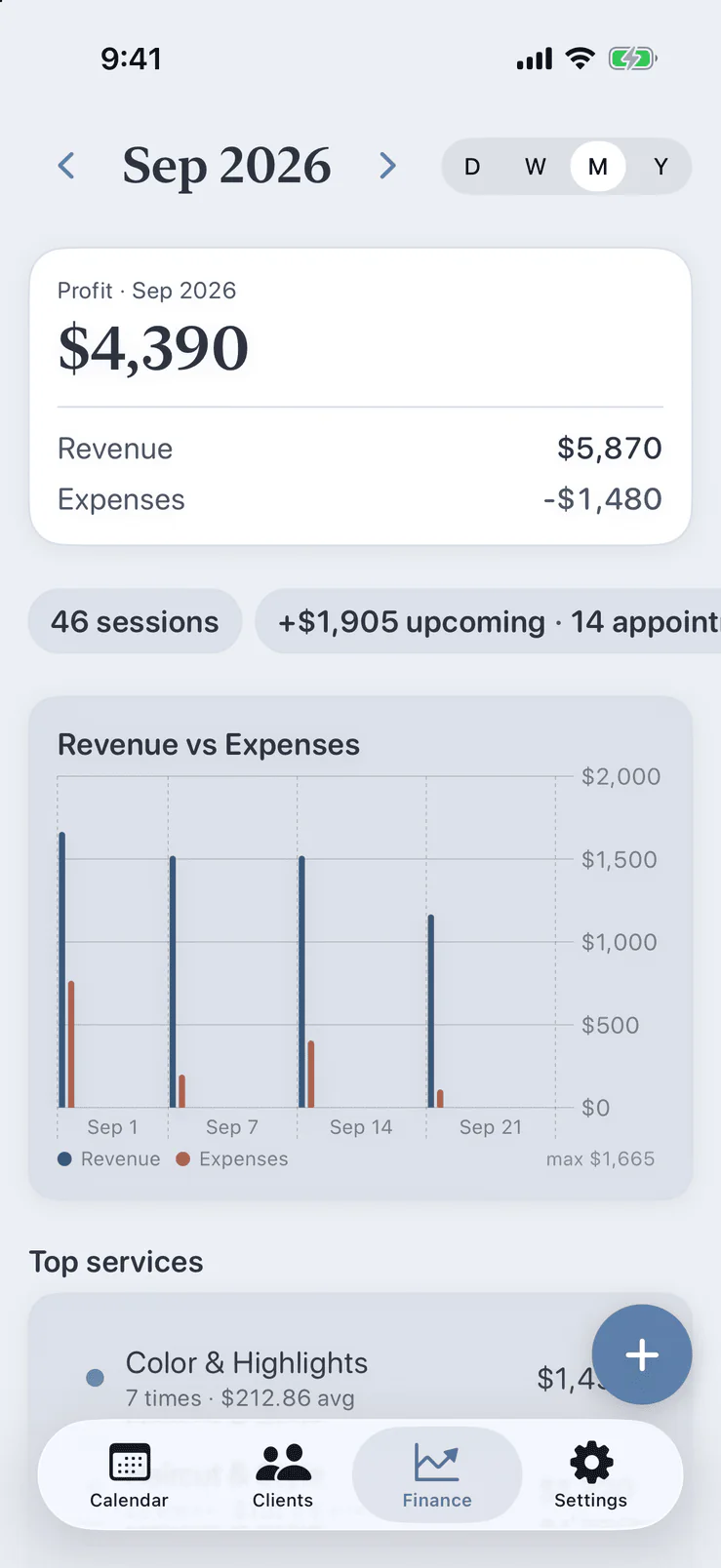 Pocket Client Book finance dashboard with revenue, expenses, profit and top services