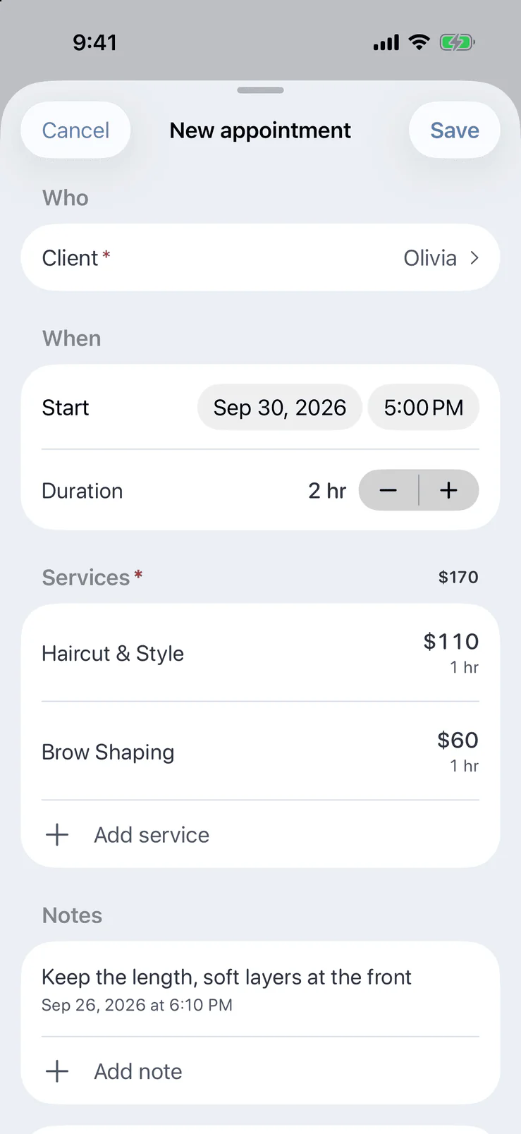 New appointment form in Pocket Client Book: one client, two services with price and duration, and a visit note