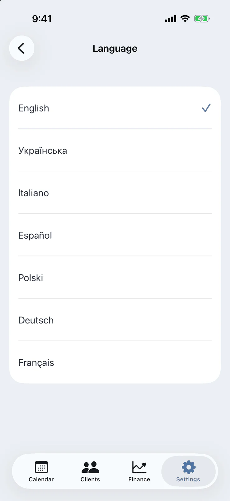 Language picker in Pocket Client Book settings: English, Ukrainian, Italian, Spanish, Polish, German and French, switched without restart